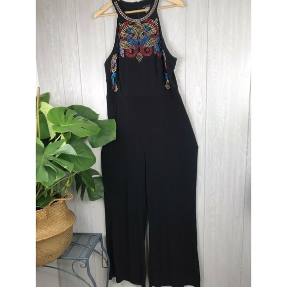 VENUS Pants - Venus Jumpsuit Wide Leg Pants Embellished Sleeveless Stretchy Black Size XL